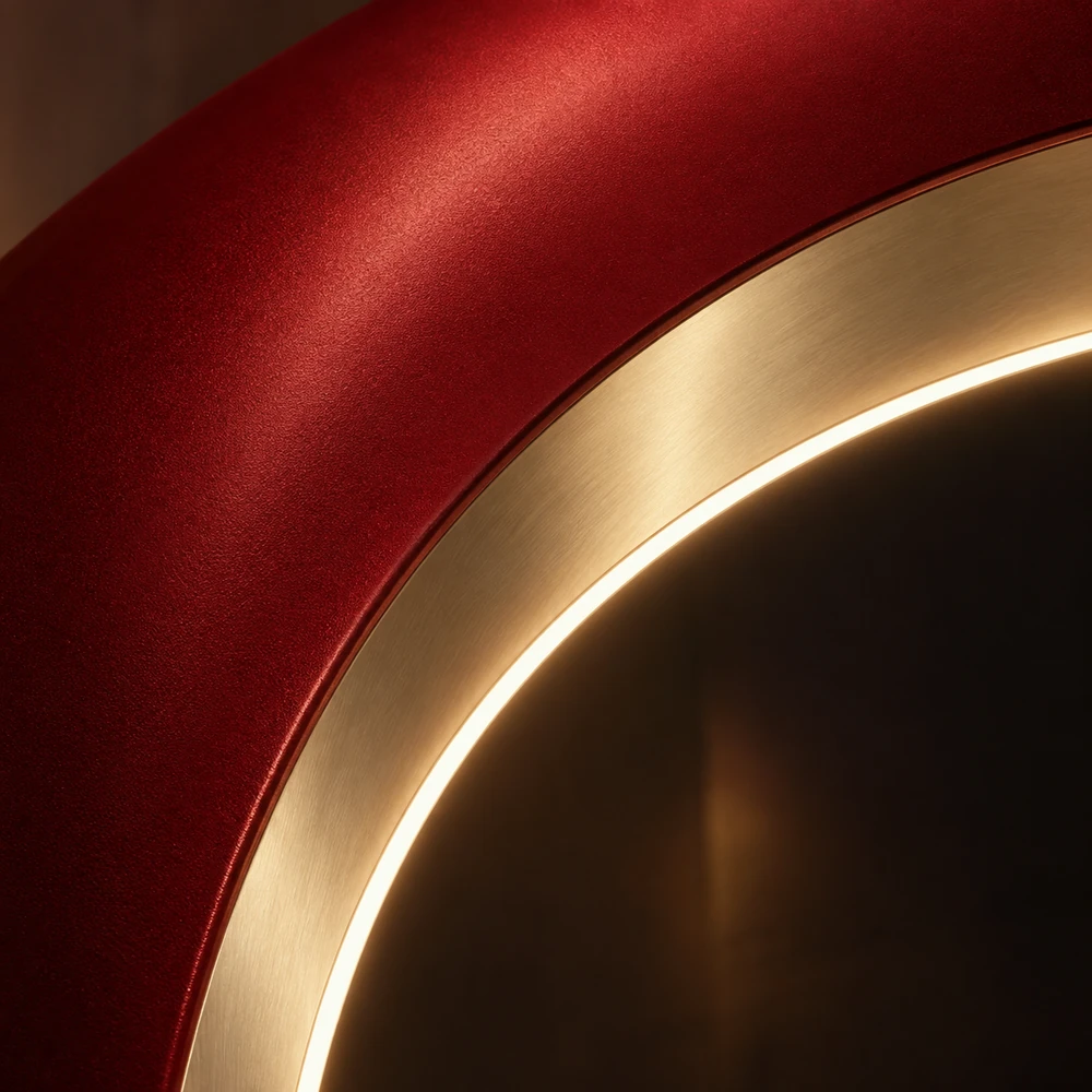 Close-up concept study of a sculptural red stage surface and illuminated edge