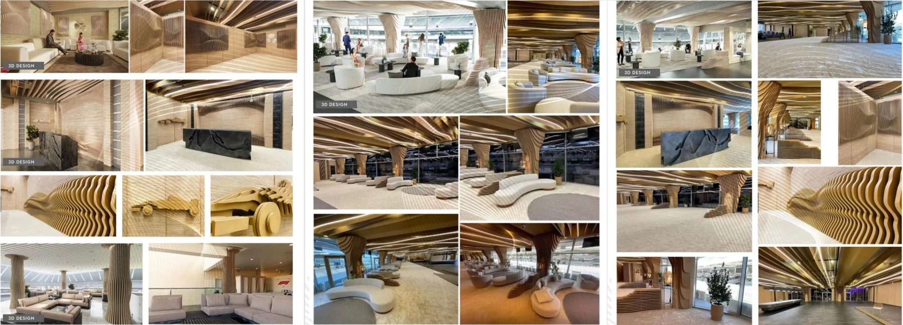 Hospitality design studies alongside photographs of sculptural timber details, seating and reception
