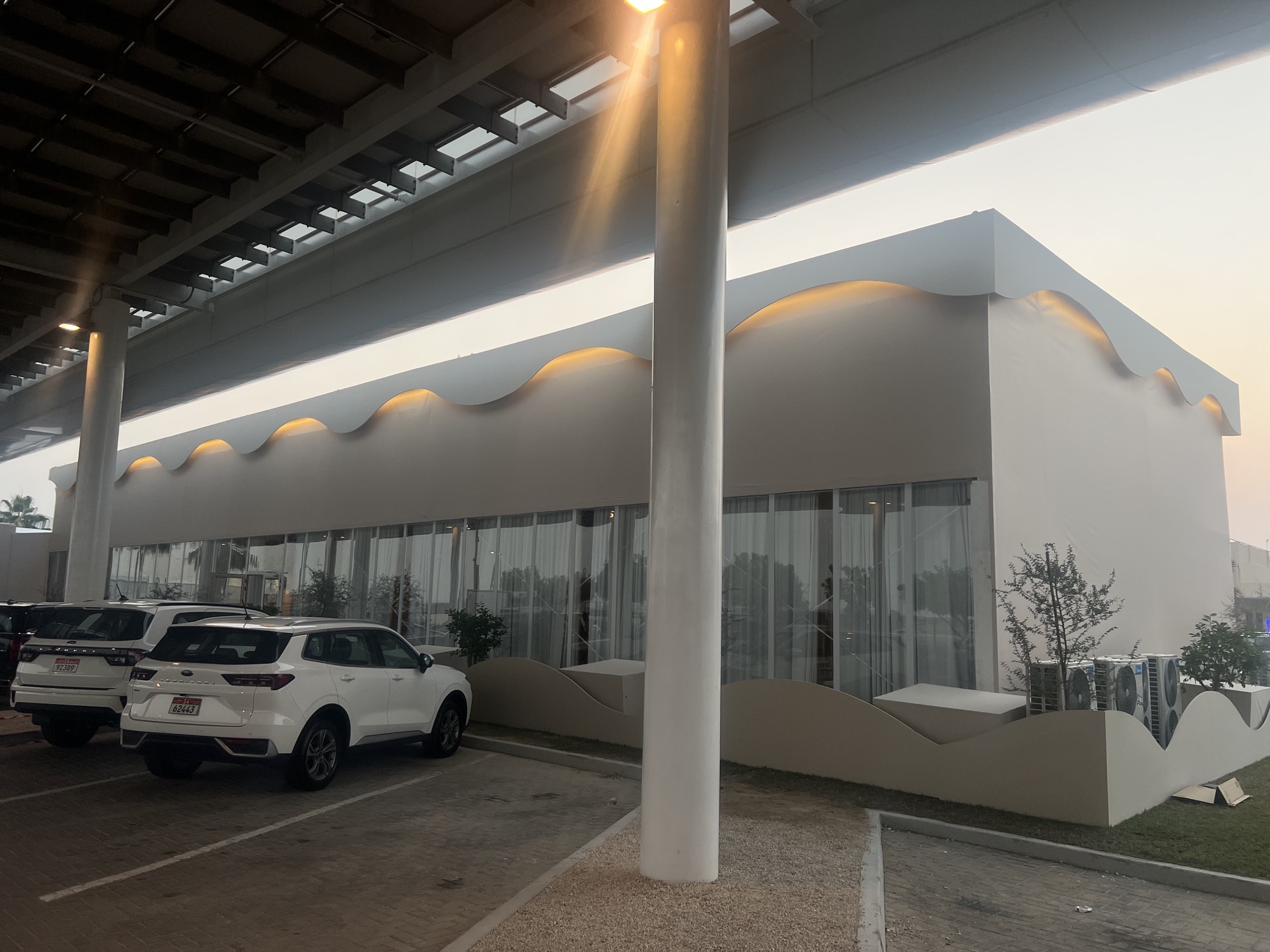 VVIP Royal Tent, Formula 1 2025. Exterior lighting at dusk.