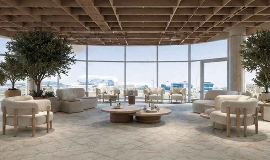 A heritage-inspired lounge shown in a design visualisation