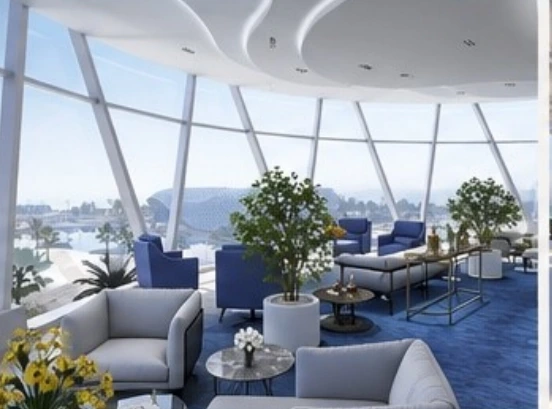 A panoramic lounge shown in a design visualisation
